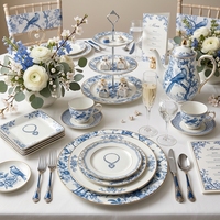 Ensemble d'assiettes à dîner en céramique bleu et blanc vintage, vaisselle en porcelaine de luxe avec bord doré, assiette à salade et à dessert à motif de fleurs de cerisier
