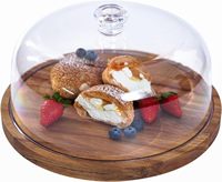 Dôme à gâteau en acrylique avec base en bois, couvercle alimentaire transparent pour la présentation en boulangerie et la conservation des pâtisseries