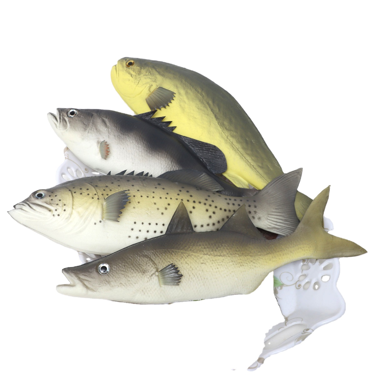 Juego de cuatro piezas de peces simulados: perca, corvina amarilla, caballa, modelo biológico de atún pequeño