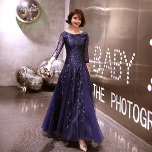 De moda azul marino maxi vestido de fiesta completa de baile de graduación vestido Formal de fiesta vestido de noche