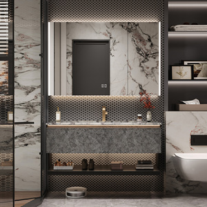 Meuble-lavabo moderne italien <span class=keywords><strong>de</strong></span> luxe léger à évier simple/double, en <span class=keywords><strong>bois</strong></span> massif, <span class=keywords><strong>avec</strong></span> armoire miroir intelligente et vasque en céramique, pour usage hôtelier - Product Image 1