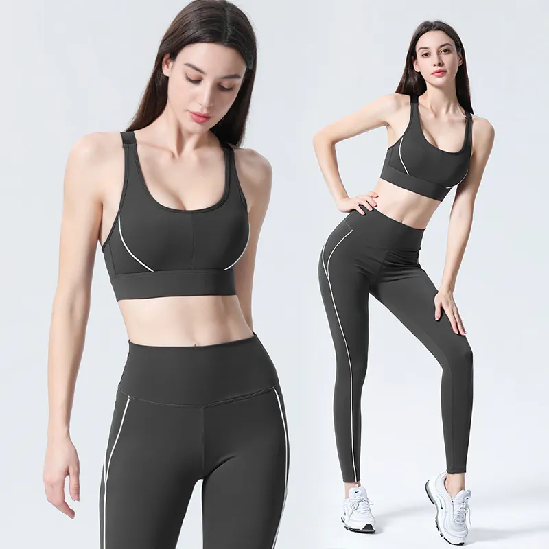 Gym Fitness Sets Supplier Brand Model New GYM Fitness Sets Color Block Workout Bra and Leggings Set Yoga Outfits
