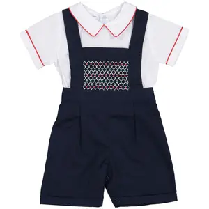 スペインのブティックベビー服男の子夏服セット白いシャツ手作りスモックオーバーオールパンツブラザーマッチング衣装