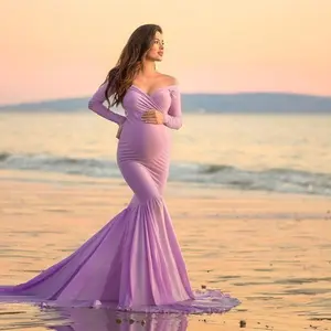 robe de maternité 2 1 Suppliers-Robe de maternité pour femmes enceintes, tenue de bal à épaules dénudées, modèle sirène, vente en gros, nouvelle collection 2021
