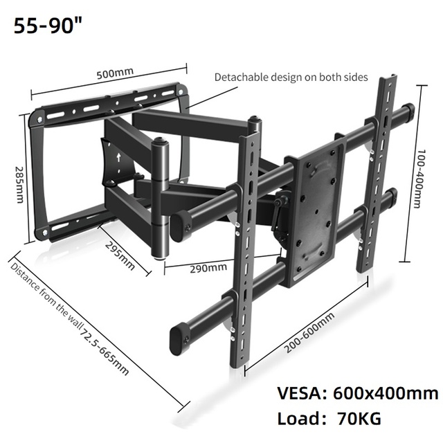 Articulating Full Motion TV Mount 55-90 Inch Swivel Tilt Extension Cold Rolled Steel Black Easy Installation Max.70KG