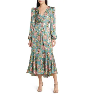 OEM 2024 moda mujer vacaciones/floral/ASTR la etiqueta estampado floral vestido MIDI de manga larga