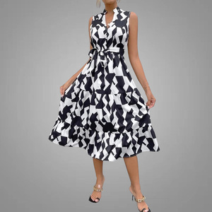 Abiti da donna con cintura con orlo arricciato con stampa di alta qualità abiti Casual senza maniche con bottoni sul davanti <span class=keywords><strong>balza</strong></span> <span class=keywords><strong>una</strong></span> linea elegante <span class=keywords><strong>abito</strong></span> da donna - Product Image 3