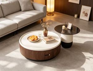 Modern <b>Round</b> Coffee <b>Table</b> Set Wood and Glass Top Minimalist Design Living Room Furniture with Storage <b>White</b> Black Finish - Product Image 1