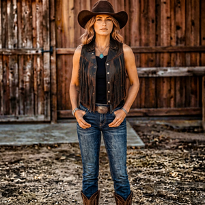 <b>Women</b> Genuine Leather Sleeveless <b>Vest</b> With Fringe Turn-<b>down</b> Collar Bohemian Style Outerwear - Product Image 1