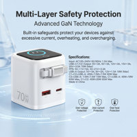 Chargeur Super Rapide Powereric PD70W, Prise US Pliable, QC3.0, Protection Contre les Surtensions OCP, Matériel Ignifuge PC, Téléphone Portable, Ordinateur Portable