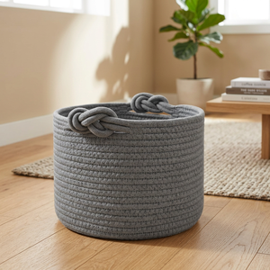 Panier circulaire pour peluches, couverture bohème, corde en coton écologique, design flexible, rangement domestique avec couvercle, taille S, pour vêtements - Product Image 3