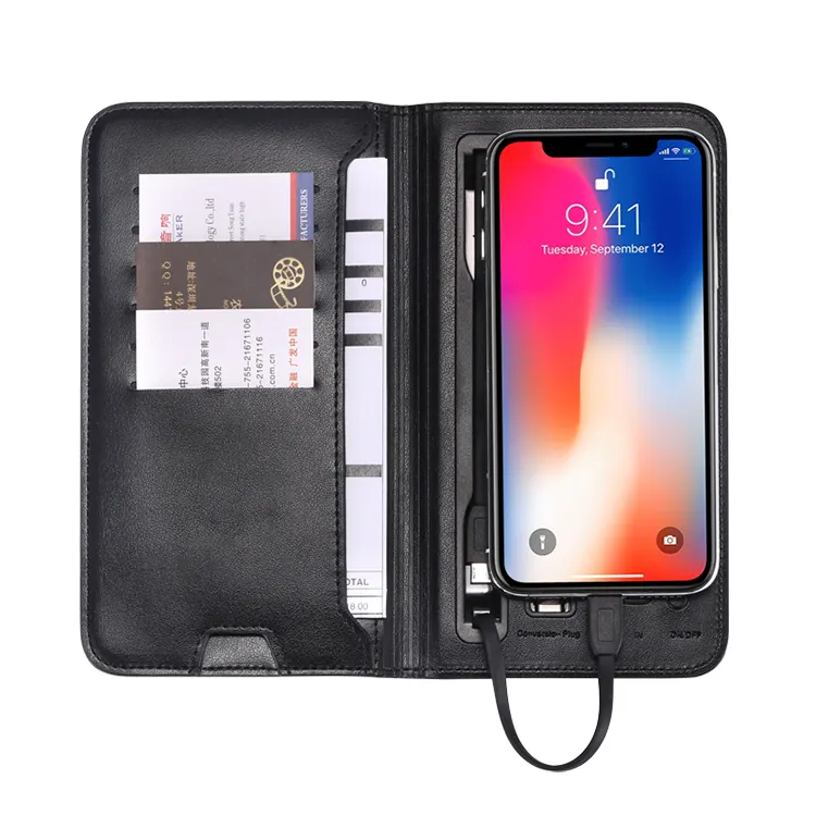 Portefeuille en cuir synthétique, sac avec power bank, chargeur sans fil pour téléphones portables, collection 2020
