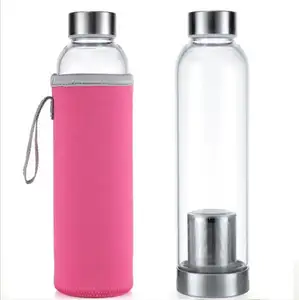 high quality borosilicate neoprene fabric sleeve glass water bottle with tea infuser