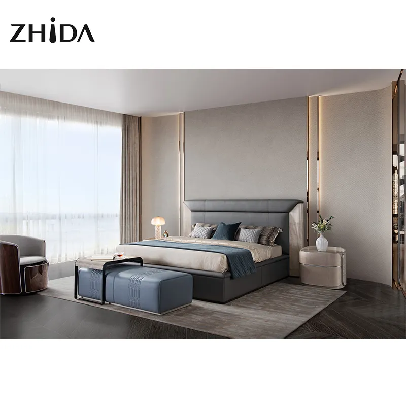 Luxe Modern Italiaans Design Leer Gestoffeerd King Size Bed Foshan Meubilair Hotel Slaapkamerbed Voor Thuis Slaapkamer Meubels