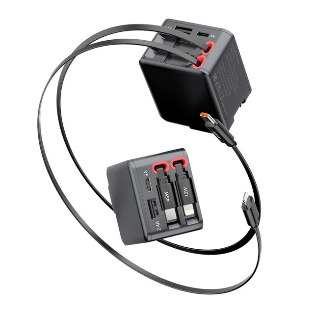 4-in-1 Retractable Wall Charger Fast 5V/2.4A PD Foldable Adapter with 4 X USB Ports for EU/US/UK Mobile Phones & Cameras