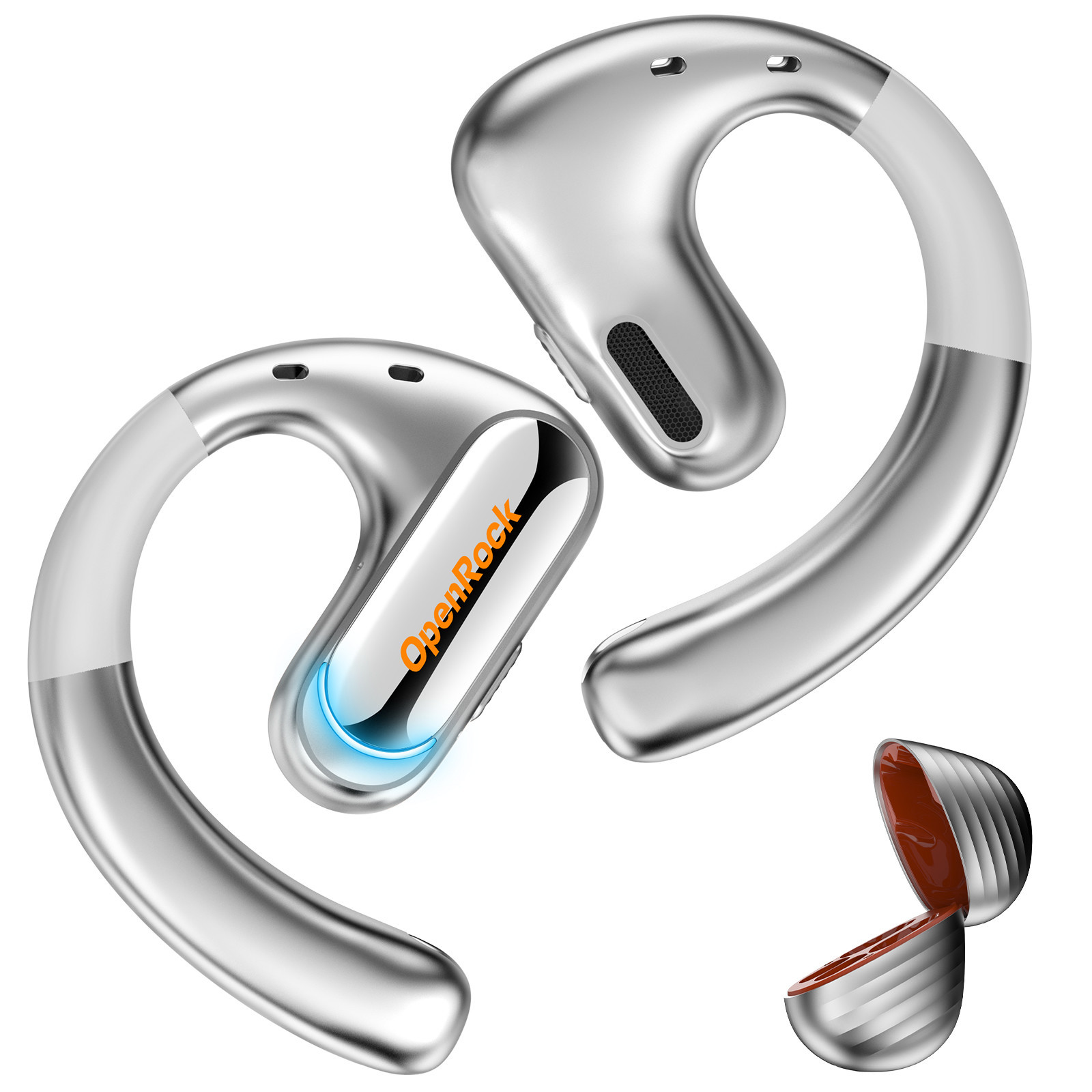 OpenRock Open-Ear Wireless Earbuds | Ear Hook Design, Long Battery Life, Secure Fit, Bluetooth (Silver)
