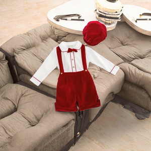 Ensemble de Noël chic et décontracté <span class=keywords><strong>pour</strong></span> bébé garçon : <span class=keywords><strong>chemise</strong></span> à manches longues smockée unie + cravate + short en velours – Style espagnol <span class=keywords><strong>pour</strong></span> tout-petits - Product Image 3