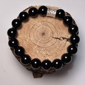 Bracciale in <span class=keywords><strong>ossidiana</strong></span> nera naturale da 10 mm con ciondolo in argento da 7 mm, pietra energetica curativa, gioiello protettivo per uomo e donna, 17 cm - Product Image 5