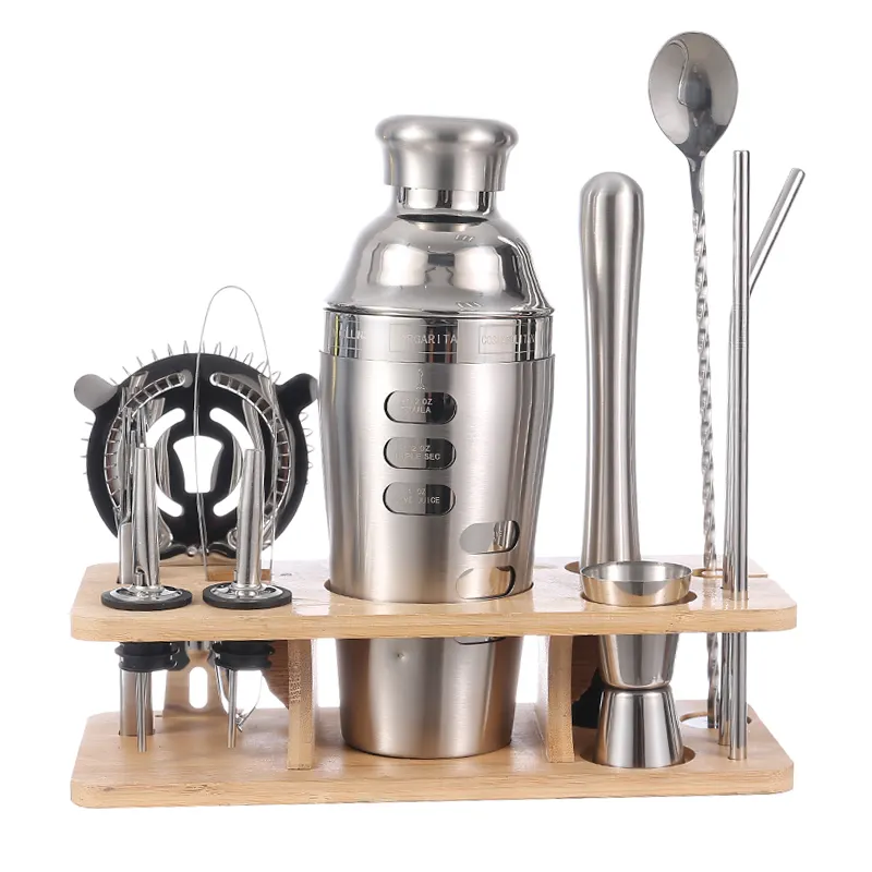 Multi-function Stainless Steel Customized 700ml Cocktail Shakers Set with Wooden Stand