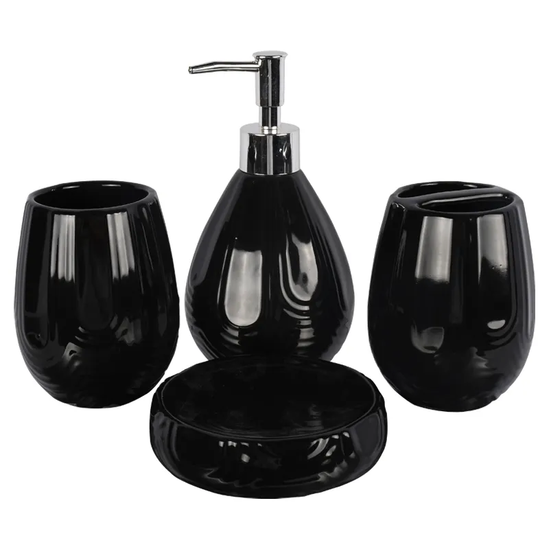 Juego de accesorios de baño de cerámica negra, dispensador de loción, vaso, jabonera, soporte para cepillo de dientes, juegos de baño