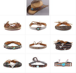 Bandeau de chapeau en cuir style western vintage, accessoires de chapeau bohèmes verts et perlés, accessoires de chapeau ethniques en cuir et tissu - Product Image 1