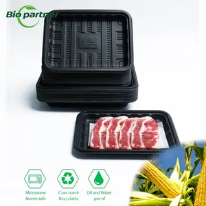 Biodegradable Cornstarch Meat Tray Fresh Fish Meat Chicken Fruit Eco-Friendly Blister Black Frozen Food Tray Punnet