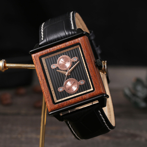 Orologio da Polso Vintage con Cassa Rettangolare in Legno, Doppio Quadrante Secondario, Cinturino in Pelle Nera Effetto Coccodrillo, Doppio Fuso <span class=keywords><strong>Orario</strong></span>, Impermeabile, Stile Retrò - Product Image 1
