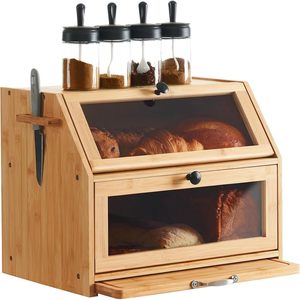 Boîte à pain en bambou à double couche avec porte-couteau, rangement transparent pour le pain et les gâteaux de cuisine - Product Image 1