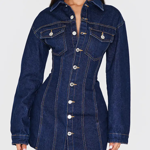 Vestido camisero vaquero de mujer personalizado, lavado oscuro, con botones, manga larga, corte mini en A, venta al por mayor - Product Image 3