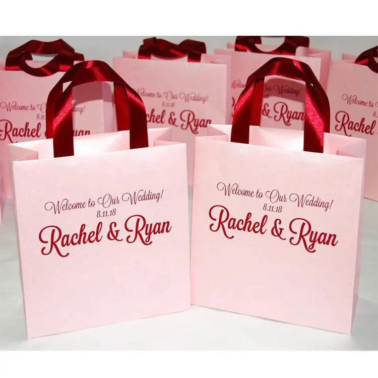 Elegante Bruiloft Welkom Zakken Met Marine Blauw/Rood Satijn Lint Handgrepen En Namen, gepersonaliseerde Bruiloft Gunst Gift Bags Voor Hotel G