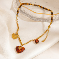 Collar SUMMLY de Acero Inoxidable Chapado en Oro de 18K, Resistente al Agua, Sin Deslustre, con Cuentas de Ámbar, Corazón, Sol y Ojo de Tigre, Estilo Boho para Mujer