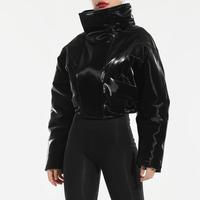 2020 Fashion Faux Leather Motorcycle Black Short Stand Collar Zip Jacket Women's Fall Winter