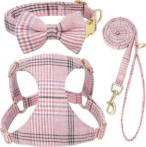 Ensemble Harnais, Collier et Laisse pour Petits Chiens avec Nœud Papillon, Harnais Doux et Réglable à Carreaux pour Chiots et Chats de Petite Taille pour les Promenades - Product Image 3