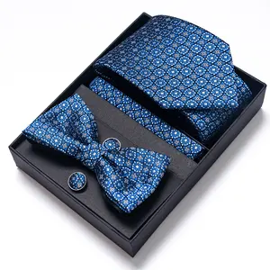 批发中国供应商皇家蓝色条纹结婚套装领带袖扣男士新颖领带套装涤纶领带礼品套装