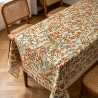 Nappe carrée de luxe exquise en jacquard floral tissé, motif peinture à l'huile, bordure à pompons, lourde, lavable, style rétro, pour décoration intérieure