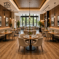 Solution tout-en-un Ron Group pour mobilier de restaurant : table ronde en bois, ensemble de chaises à dossier haut en tissu, banquette rembourrée