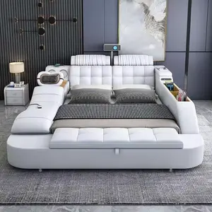 Многофункциональная умная кровать для сна Массажная кровать размера «King-Size» современная кожаная ткань татами спальня с сейфом для хранения