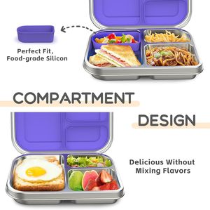 Lonchera Bento de Acero Inoxidable 304 con 3 Compartimentos, Hermética y Libre de BPA, para Niños, Escuela y Oficina - Product Image 3