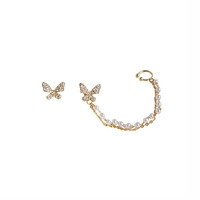 S925 deux pièces papillon oreille manchette boucles d'oreilles une pièce perle chaîne gland Super fée boucles d'oreilles