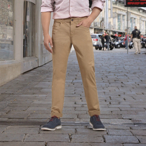Pantalones de Algodón para Hombre, Corte Recto, Color Caqui, Cintura Media, Casuales, con Bolsillos Laterales, Antiarrugas, Cierre de Botón - Product Image 3