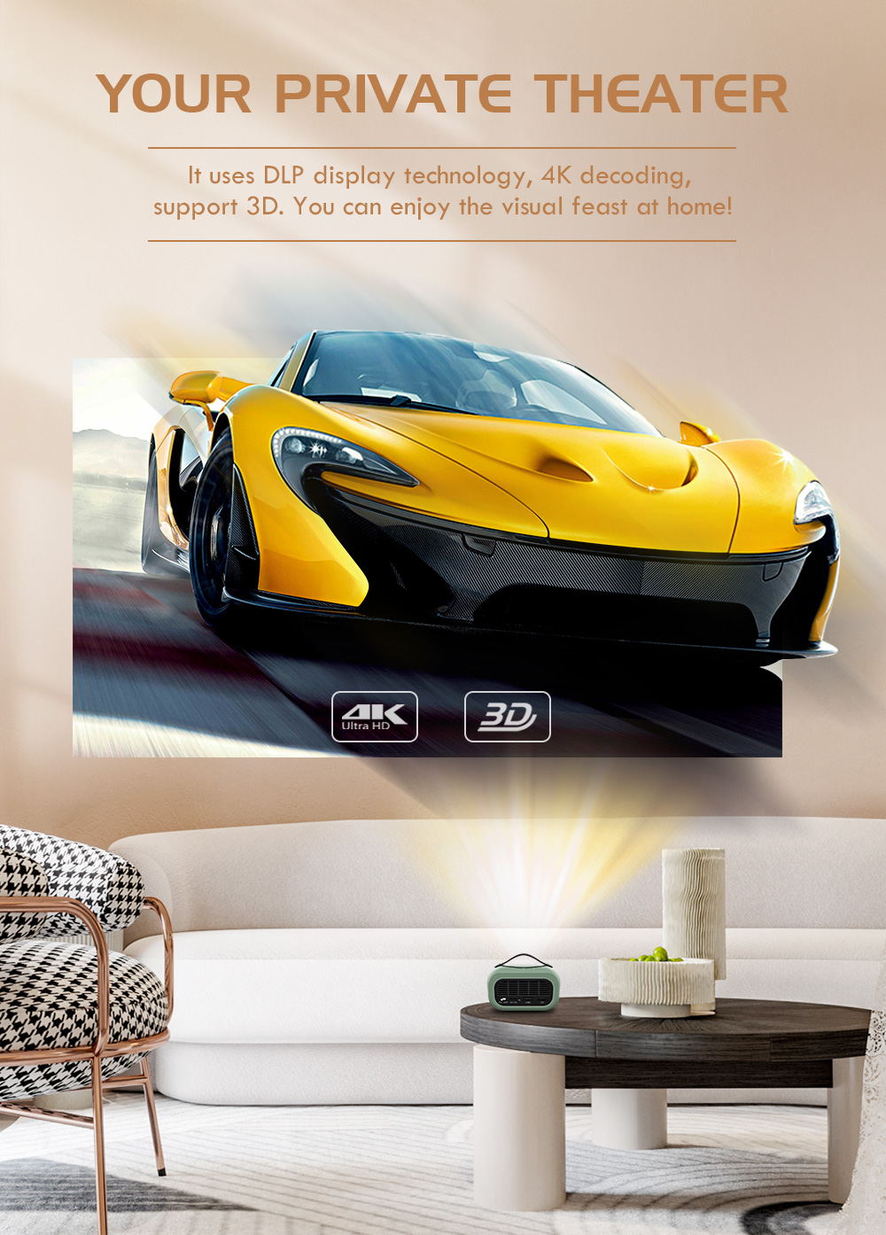 4K Mini DLP Projector Portable Durable Android Home Theater Mini Projector