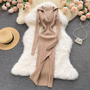 Vestido de Punto Coreano para Mujer, Manga Larga, Cuello en V, Elástico, Ajustado, Tipo Lápiz, Otoño 2021, Sexy, Vestido de Suéter con Abertura - Product Image 2