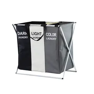 Washing Storage Dirty Clothes Bag with Aluminum Frame Foldable Collapsible 3 Sections Laundry Cloth Hamper Basket Bag Bin