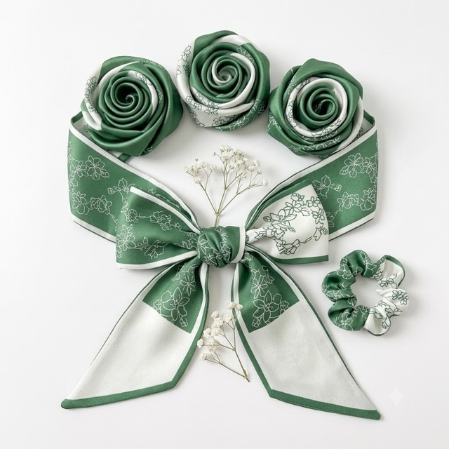 Womens Green Floral Silk Scarf and Scrunchie Set