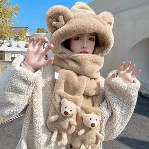 Ensemble bonnet, écharpe et gants en polaire pour femme Ni Xuan, hiver, épais, pelucheux, chaud, trois pièces, motif ours, taille adulte 54-56 cm - Product Image 3