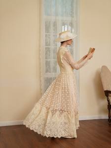 Robe longue à ourlet ample, à col haut, à taille empire, à manches longues, à pois, en dentelle perlée, vintage, faite à la main, antistatique, <span class=keywords><strong>Victoria</strong></span> - Product Image 3