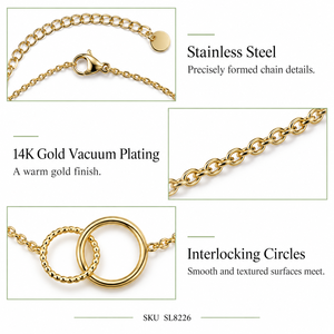 Bracelet à double cercle entrelacé, chaîne fine en acier inoxydable plaqué or 14 carats sous vide, fermoir réglable à ressort - Product Image 5