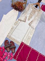 Setelan Kurta Atasan Palazzo Dupatta Sutra Putih Merah Desainer Tradisional untuk Pesta Wanita, Semua Musim, Cepat Kering