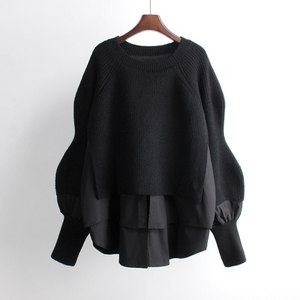 Suéter de punto para mujer con efecto de dos piezas (pullover + camisa), cuello redondo, manga abullonada, estilo oversize, informal y de moda. - Product Image 5