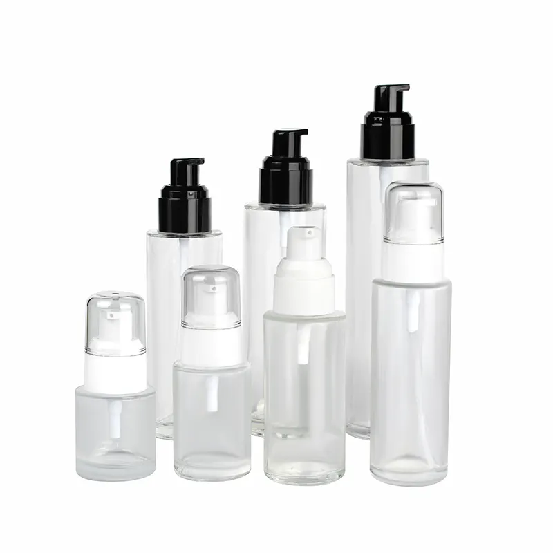 15ml 20ml 30ml 40ml 50ml 60ml 80ml 100ml 120ml Empty clear frosted flat shoulder glass cosmetic pump lotion bottle with lid